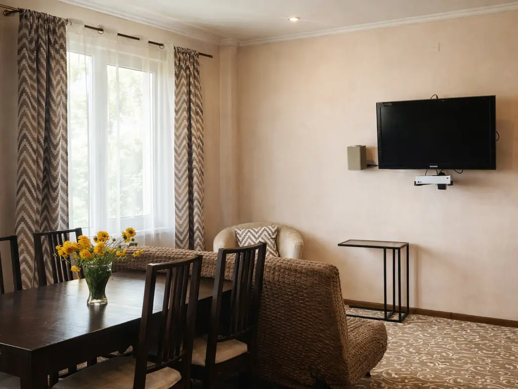 В комнате телевизор с Яндекс.ТВ и колонка с Алисой. Диван раскладывается до размера полутораместной кровати