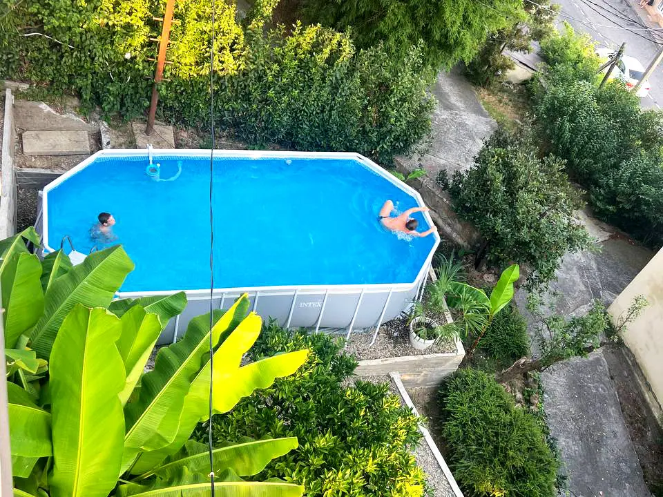 Вид на бассейн со второго этажа. Банановая пальма, лежаки под мандарином